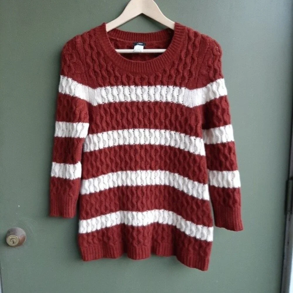 J.Crew 100% Merino Wool Chunky Cable Knit Sweater Small Brown Striped Preppy